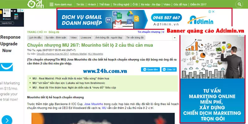 Quảng cáo banner hiển thị trên 24h.com.vn