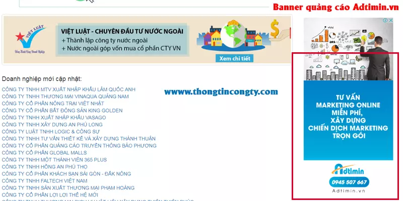 Quảng cáo banner hiển thị trên thongtincongty.com