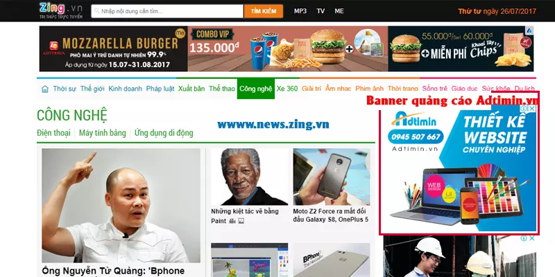 Quảng cáo banner hiển thị trên news.zing.vn