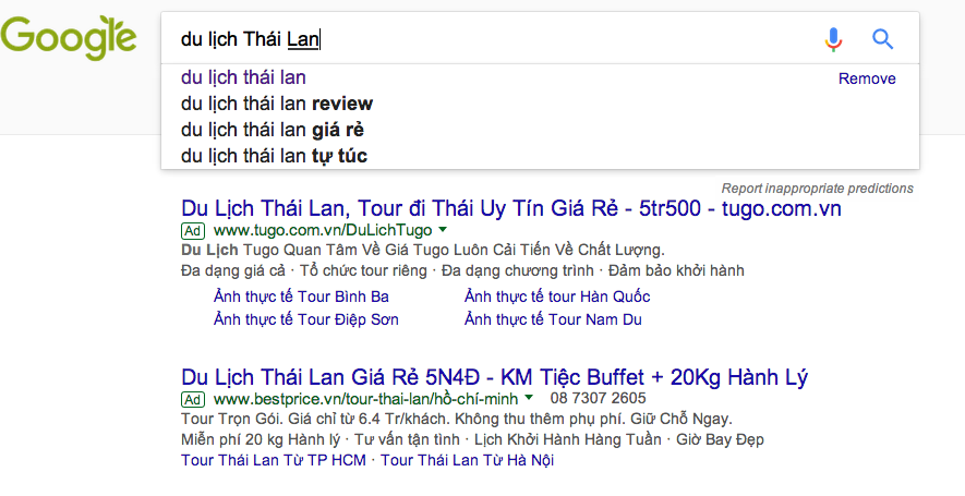 Giá quảng cáo Google Adwords "du lịch thái lan"