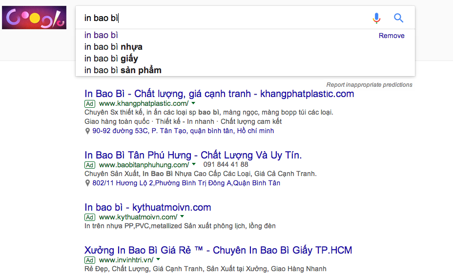 báo giá quảng cáo google adwords Adtimin từ khóa Bao Bì Giấy, in bao bì, bao bì nhựa