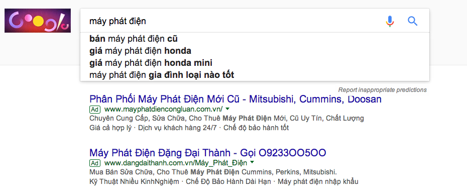 báo giá quảng cáo google adwords Adtimin từ khóa Máy Phát Điện