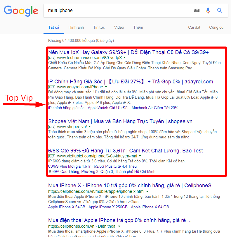 Quảng cáo trên google có thể top 4 (Gói Vip)