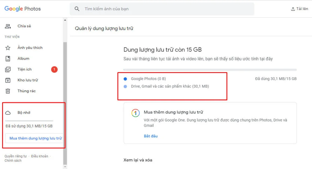 Xem dung lượng google photo