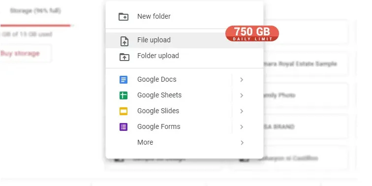 Giới hạn tải file lên Drive