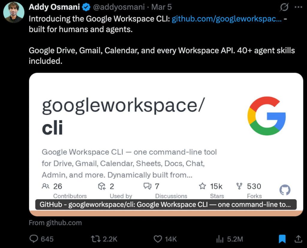 Google Workspace CLI được giới thiệu vào ngày 05/03/2026