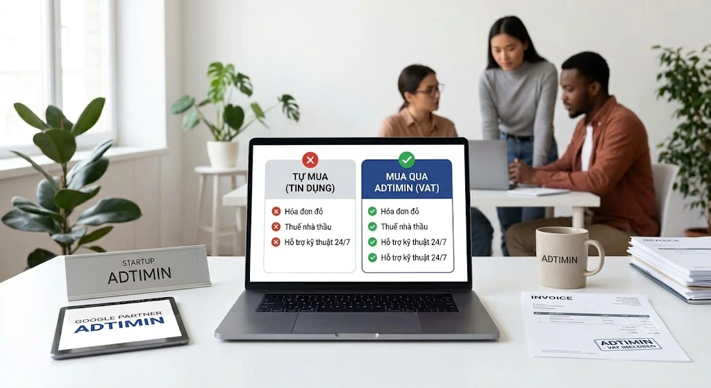 So sánh mua trực tiếp Google và mua qua đại lý Adtimin xuất VAT
